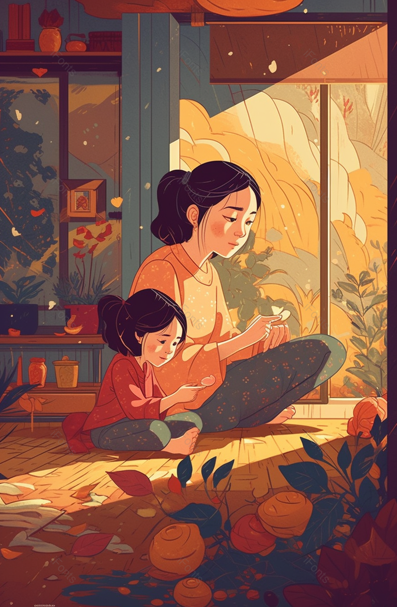 母亲节温馨卡通献花室内插画背景,插画/手绘图,插画/手绘图库,插画/手绘图下载,插画/手绘